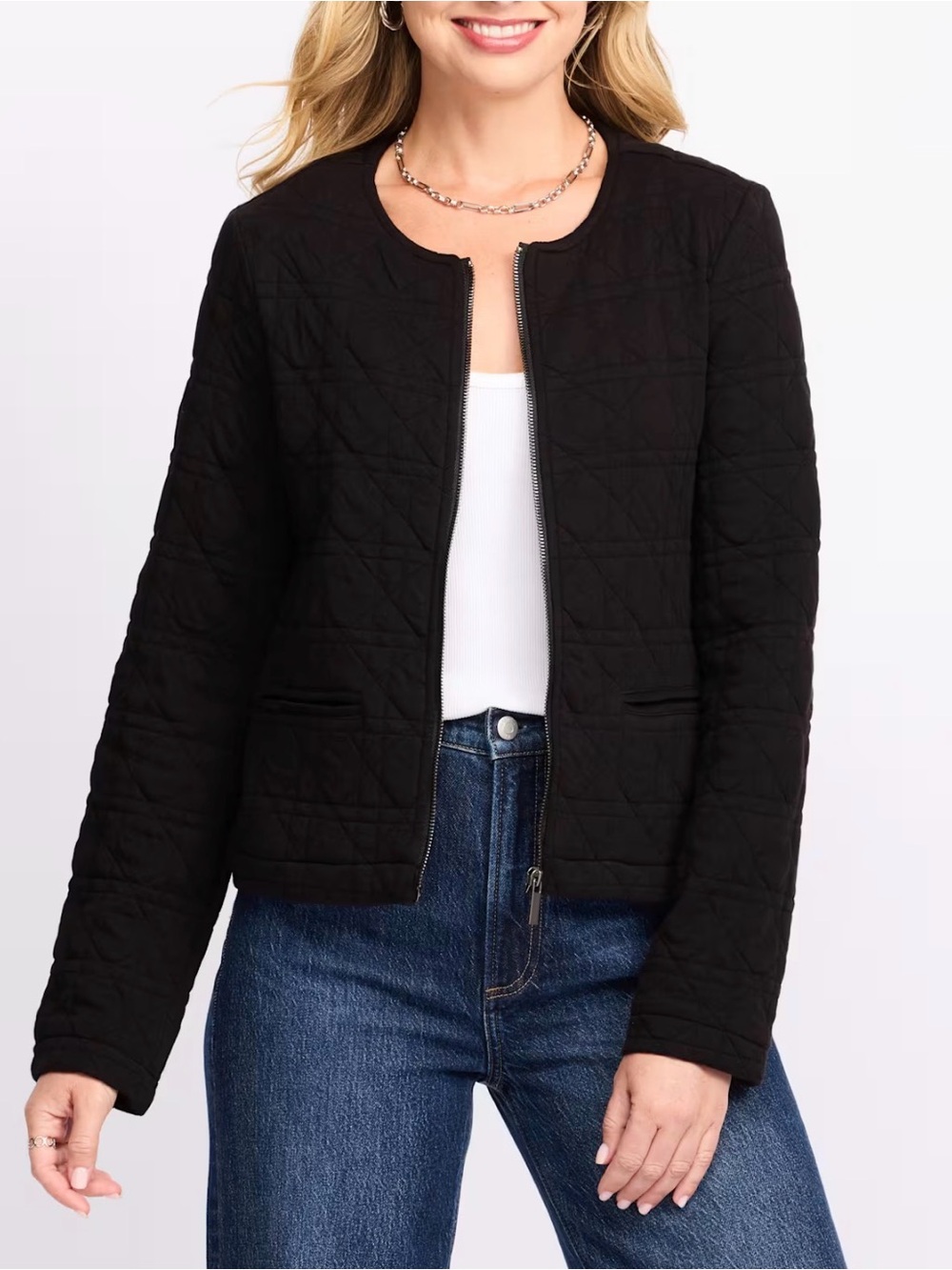 Bagatelle Collection Black Cora Collarless Quilted Knit Cropped Jacket